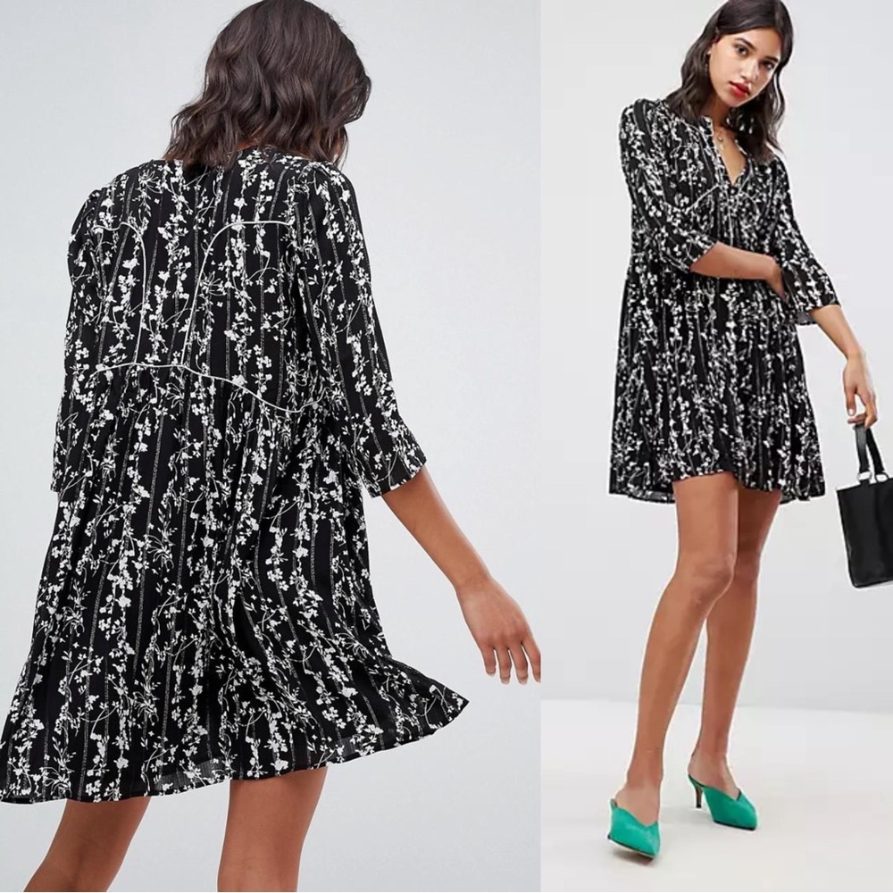Ba&Sh Black & White Metallic Floral Printed Chiffon Frezza Babydoll Mini Dress S